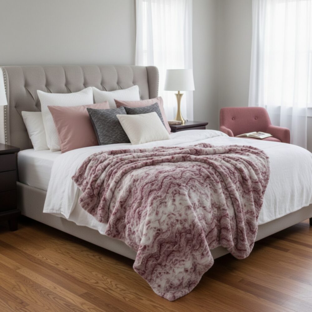 Couverture chaude rose en minky de luxe Framboises en Cascade faite à la main au Québec - Plume Prestige