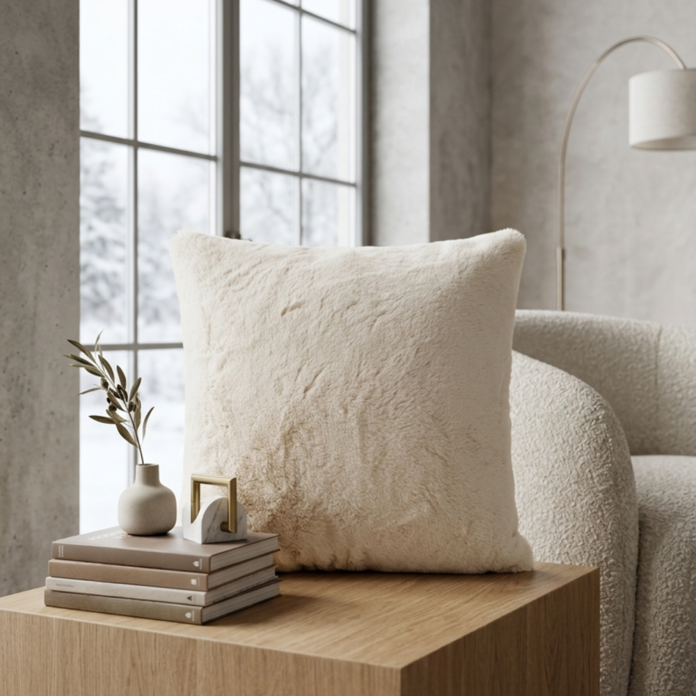 Coussin beige doux créé par une artisane du Québec | Plume Prestige